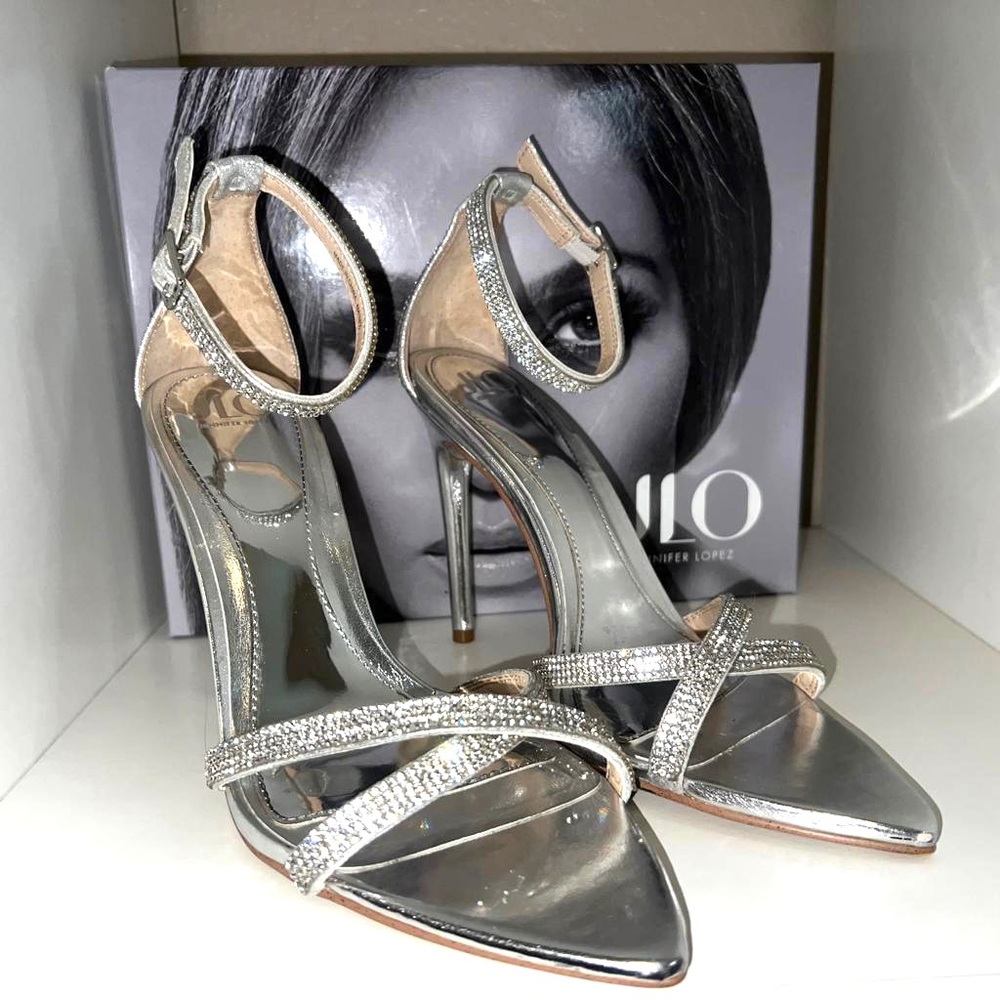 JLO Jennifer Lopez Silver Tabana Sandal Heels